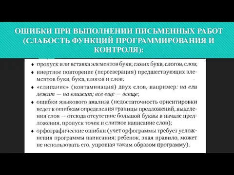 ОШИБКИ ПРИ ВЫПОЛНЕНИИ ПИСЬМЕННЫХ РАБОТ (СЛАБОСТЬ ФУНКЦИЙ ПРОГРАММИРОВАНИЯ И КОНТРОЛЯ):