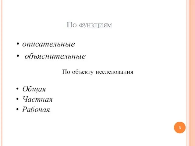 По функциям По объекту исследования описательные объяснительные Общая Частная Рабочая