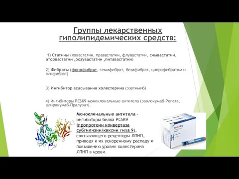 Группы лекарственных гиполипидемических средств: 1) Статины (ловастатин, правастатин, флувастатин, симвастатин,аторвастатин ,розувастатин