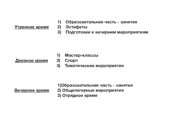 Мастер-классы Спорт Тематические мероприятия Образовательная часть - занятия Эстафеты Подготовки к