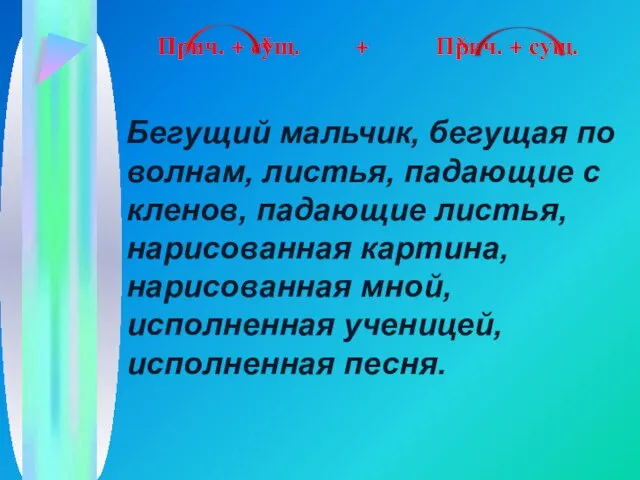 Прич. + сущ. + Прич. + сущ. Бегущий мальчик, бегущая по