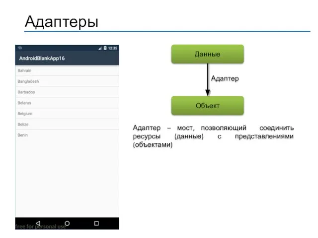 Данные Объект Адаптер Адаптер – мост, позволяющий соединить ресурсы (данные) с представлениями (объектами)
