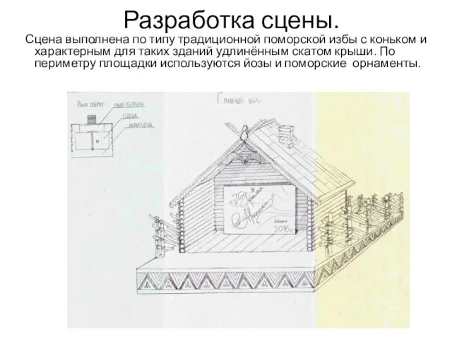 Разработка сцены. Сцена выполнена по типу традиционной поморской избы с коньком