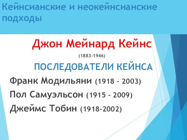 Кейнсианские и неокейнсианские подходы Джон Мейнард Кейнс (1883-1946) ПОСЛЕДОВАТЕЛИ КЕЙНСА Франк