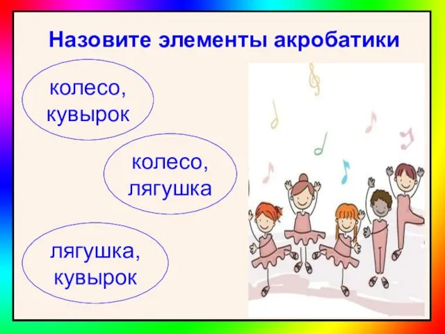 Назовите элементы акробатики колесо, кувырок колесо, лягушка лягушка, кувырок