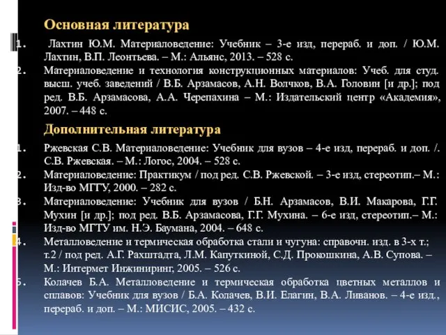 Основная литература Лахтин Ю.М. Материаловедение: Учебник – 3-е изд, перераб. и