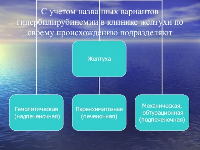 С учетом названных вариантов гипербилирубинемии в клинике желтухи по своему происхождению подразделяют