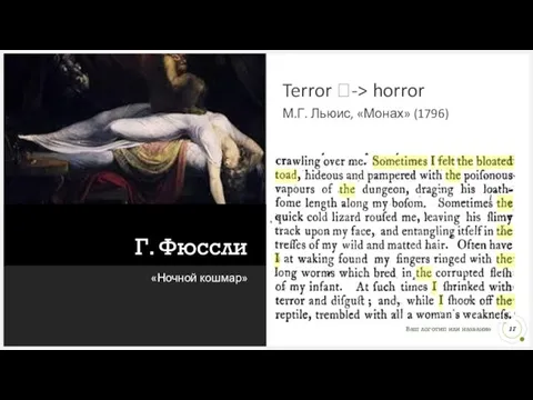 Г. Фюссли «Ночной кошмар» Terror ?-> horror М.Г. Льюис, «Монах» (1796)