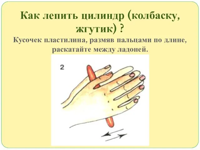 Как лепить цилиндр (колбаску, жгутик) ? Кусочек пластилина, размяв пальцами по длине, раскатайте между ладоней.