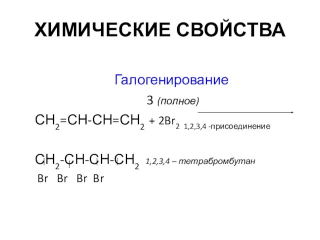 ХИМИЧЕСКИЕ СВОЙСТВА Галогенирование 3 (полное) СН2=СН-СН=СН2 + 2Br2 1,2,3,4 -присоединение СН2-СН-СН-СН2