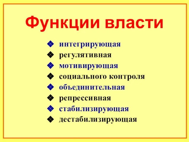 Функции власти интегрирующая регулятивная мотивирующая социального контроля объединительная репрессивная стабилизирующая дестабилизирующая