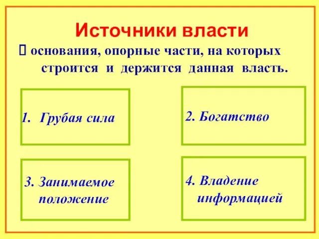 Источники власти основания, опорные части, на которых строится и держится данная