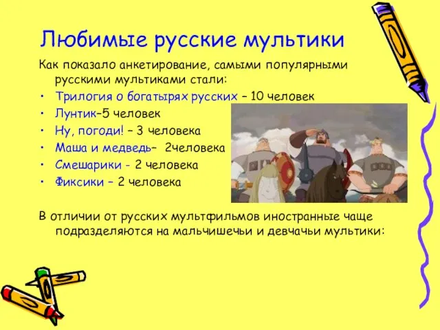 Любимые русские мультики Как показало анкетирование, самыми популярными русскими мультиками стали: