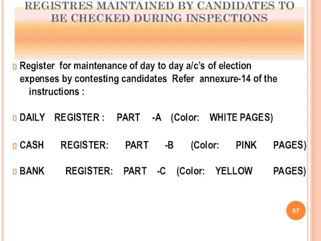 REGISTRES MAINTAINED BY CANDIDATES TO BE CHECKED DURING INSPECTIONS Register for