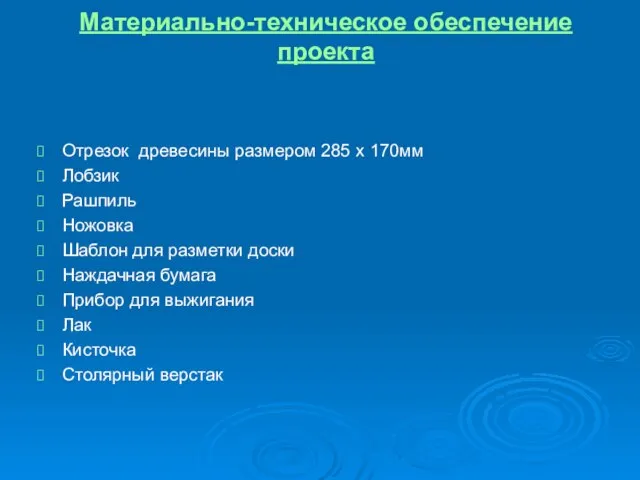 Материально-техническое обеспечение проекта Отрезок древесины размером 285 х 170мм Лобзик Рашпиль