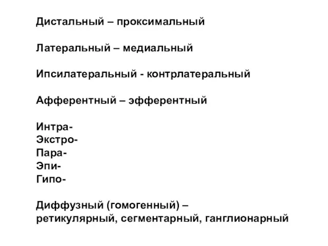 Дистальный – проксимальный Латеральный – медиальный Ипсилатеральный - контрлатеральный Афферентный –