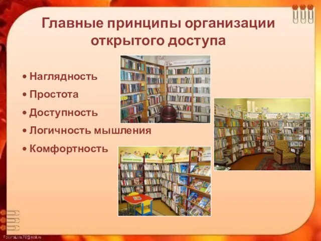 Наглядность Простота Доступность Логичность мышления Комфортность Главные принципы организации открытого доступа