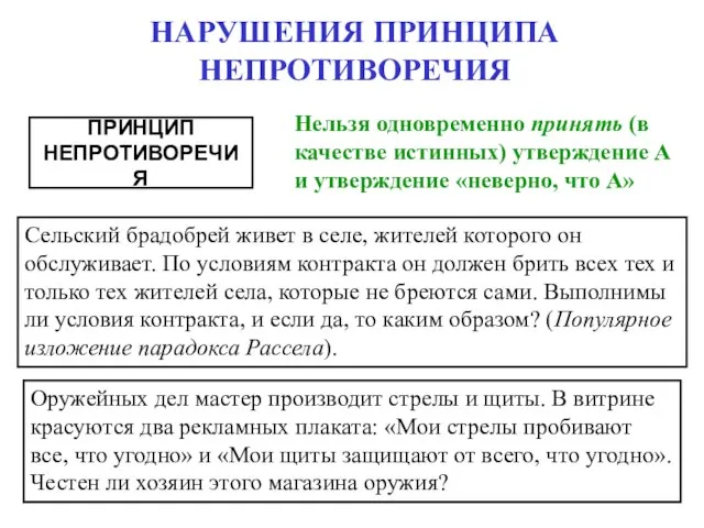 НАРУШЕНИЯ ПРИНЦИПА НЕПРОТИВОРЕЧИЯ ПРИНЦИП НЕПРОТИВОРЕЧИЯ Нельзя одновременно принять (в качестве истинных)