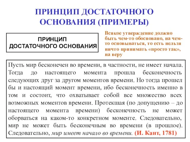 ПРИНЦИП ДОСТАТОЧНОГО ОСНОВАНИЯ (ПРИМЕРЫ) ПРИНЦИП ДОСТАТОЧНОГО ОСНОВАНИЯ Всякое утверждение должно быть