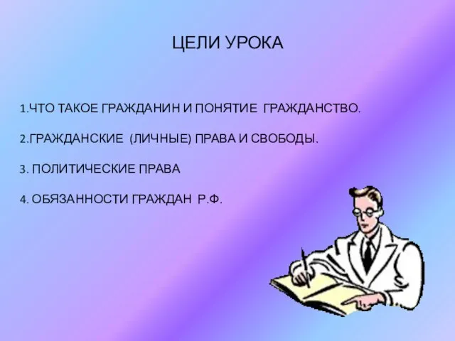 ЦЕЛИ УРОКА 1.ЧТО ТАКОЕ ГРАЖДАНИН И ПОНЯТИЕ ГРАЖДАНСТВО. 2.ГРАЖДАНСКИЕ (ЛИЧНЫЕ) ПРАВА