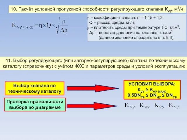 10. Расчёт условной пропускной способности регулирующего клапана КVУ, м3/ч – коэффициент