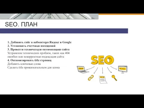 SEO. ПЛАН 1. Добавить сайт в вебмастера Яндекс и Google 2.