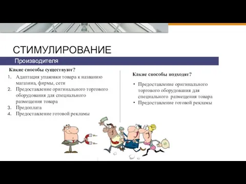 СТИМУЛИРОВАНИЕ Производителя Адаптация упаковки товара к названию магазина, фирмы, сети Предоставление