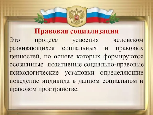 Правовая социализация Это процесс усвоения человеком развивающихся социальных и правовых ценностей,