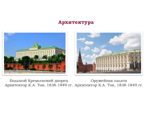 Архитектура Большой Кремлевский дворец Архитектор К.А. Тон, 1838-1849 гг. Оружейная палата Архитектор К.А. Тон, 1838-1849 гг.