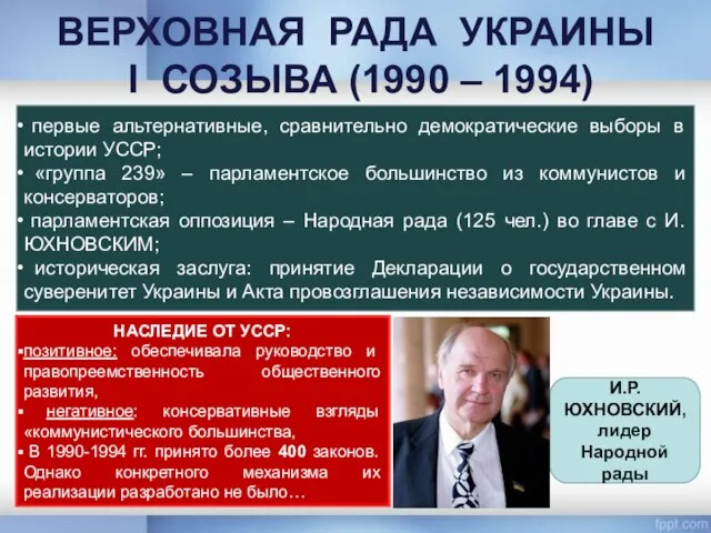 ВЕРХОВНАЯ РАДА УКРАИНЫ I СОЗЫВА (1990 – 1994) И.Р. ЮХНОВСКИЙ, лидер