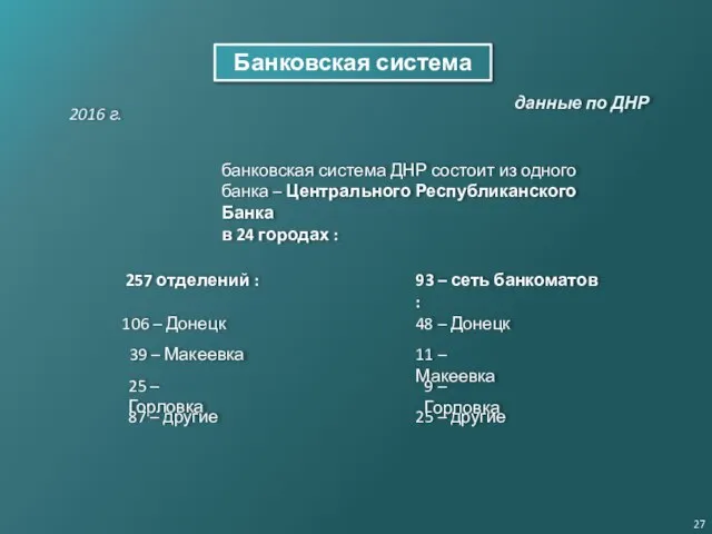 Банковская система 2016 г. банковская система ДНР состоит из одного банка