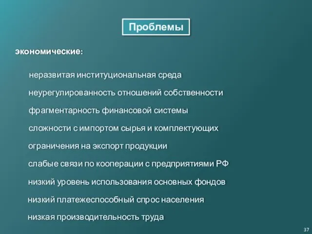 Проблемы экономические: неурегулированность отношений собственности фрагментарность финансовой системы сложности с импортом