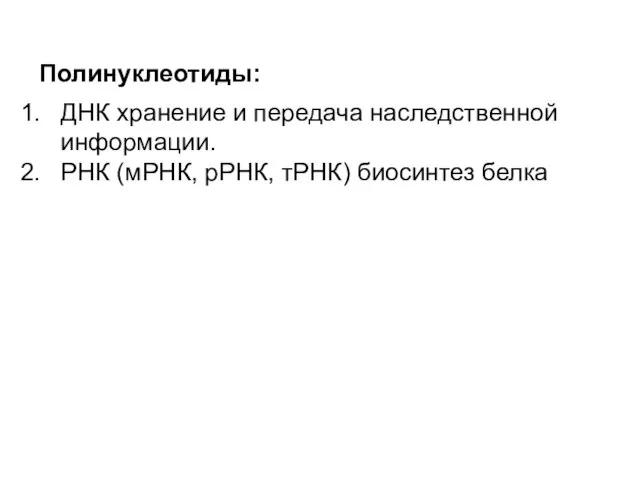 Полинуклеотиды: ДНК хранение и передача наследственной информации. РНК (мРНК, рРНК, тРНК) биосинтез белка