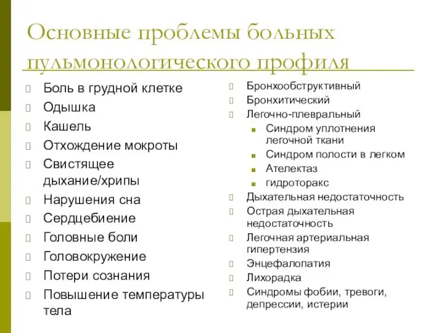 Основные проблемы больных пульмонологического профиля Боль в грудной клетке Одышка Кашель