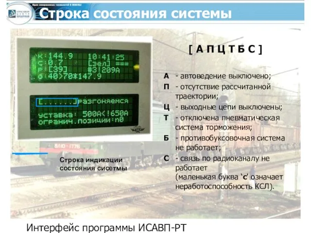 Интерфейс программы ИСАВП-РТ Строка состояния системы [ А П Ц Т