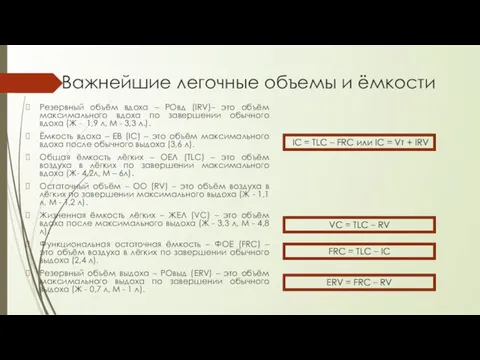 Важнейшие легочные объемы и ёмкости Резервный объём вдоха – РОвд (IRV)–