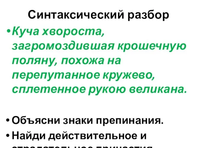 Синтаксический разбор Куча хвороста, загромоздившая крошечную поляну, похожа на перепутанное кружево,