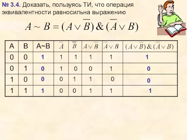 № 3.4. Доказать, пользуясь ТИ, что операция эквивалентности равносильна выражению 1