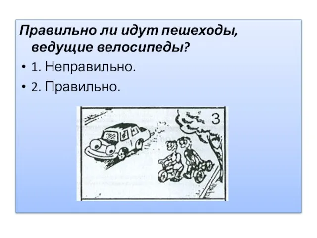 Правильно ли идут пешеходы, ведущие велосипеды? 1. Неправильно. 2. Правильно.