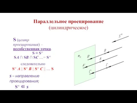 Параллельное проецирование (цилиндрическое) S (центр проецирования) – несобственная точка. S ≡