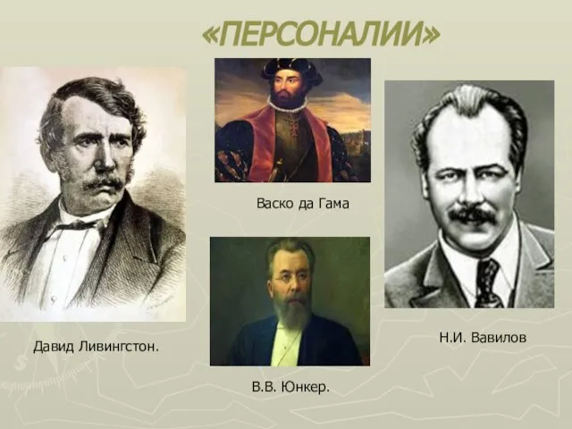 «ПЕРСОНАЛИИ» Давид Ливингстон. Васко да Гама В.В. Юнкер. Н.И. Вавилов