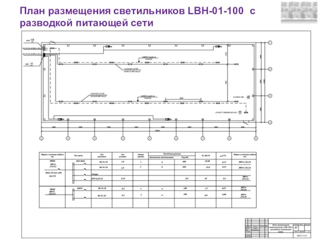 План размещения светильников LBH-01-100 с разводкой питающей сети