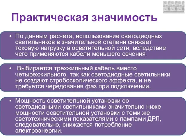 Практическая значимость По данным расчета, использование светодиодных светильников в значительной степени