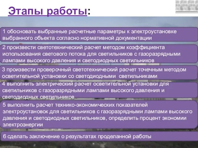 Этапы работы: 1 обосновать выбранные расчетные параметры к электроустановке выбранного объекта