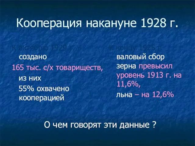 Кооперация накануне 1928 г. К октябрю 1929 г. – создано 165