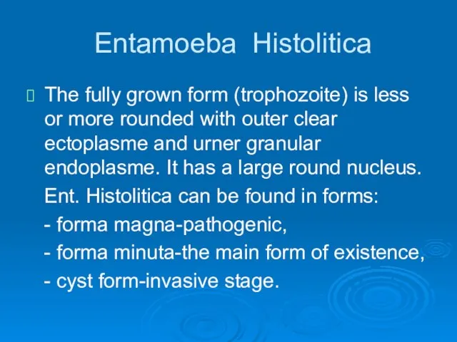 Entamoeba Histolitica The fully grown form (trophozoite) is less or more