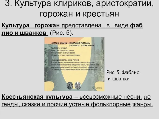 3. Культура клириков, аристократии, горожан и крестьян Куль­ту­ра го­ро­жан пред­став­ле­на в