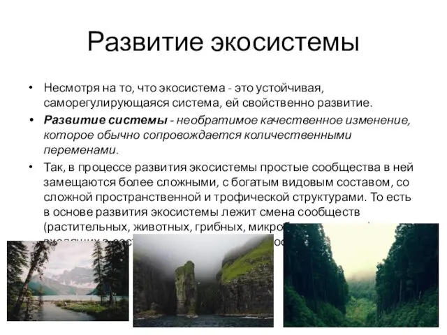 Развитие экосистемы Несмотря на то, что экосистема - это устойчивая, саморегулирующаяся