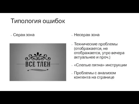 Типология ошибок Серая зона Несерая зона Технические проблемы (отображается, не отображается,