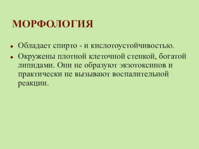 МОРФОЛОГИЯ Обладает спирто - и кислотоустойчивостью. Окружены плотной клеточной стенкой, богатой